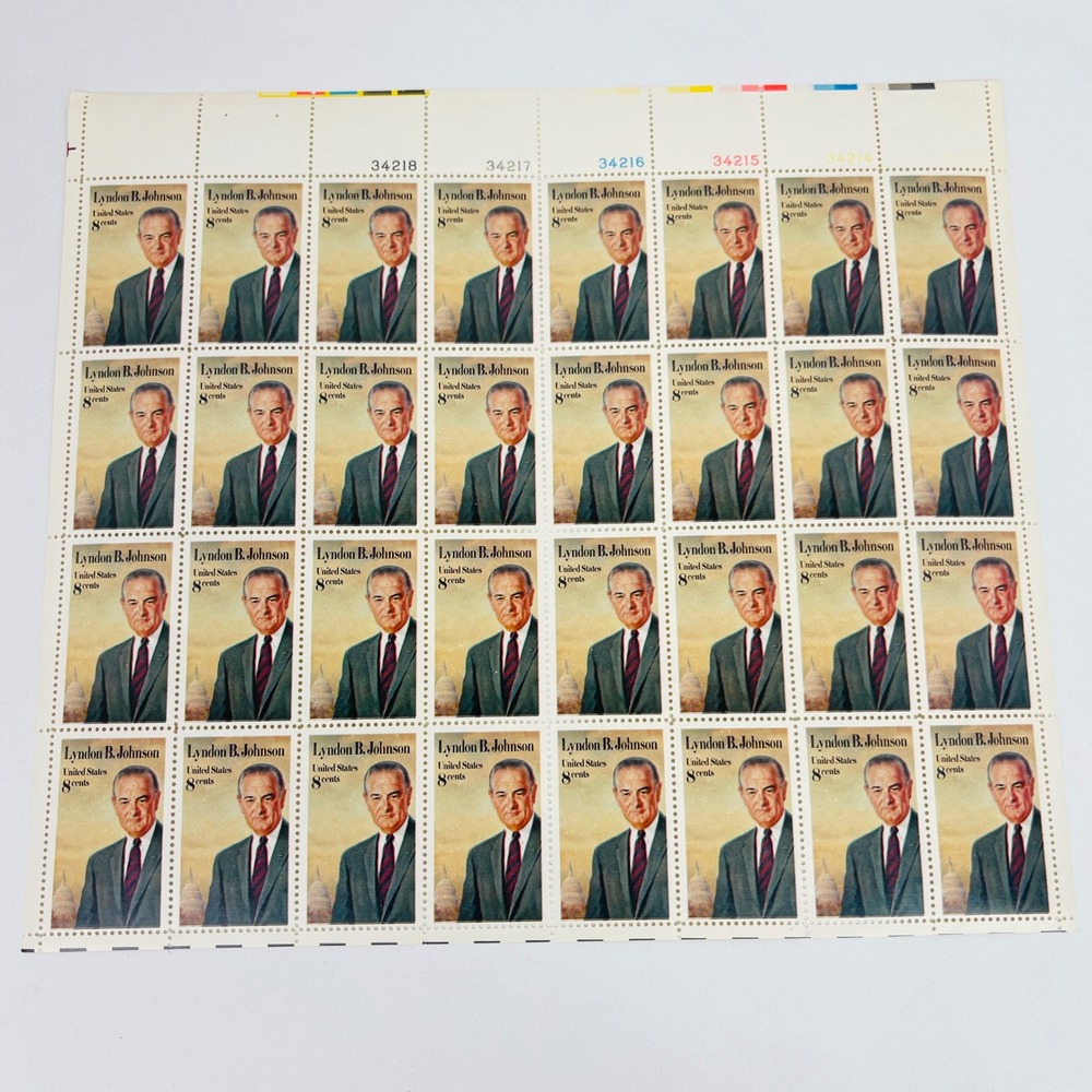 USPS Lyndon B Johnson 8 Cent Stamp Full Sheet 32 Count 1973 Plate 34218-14 Mint